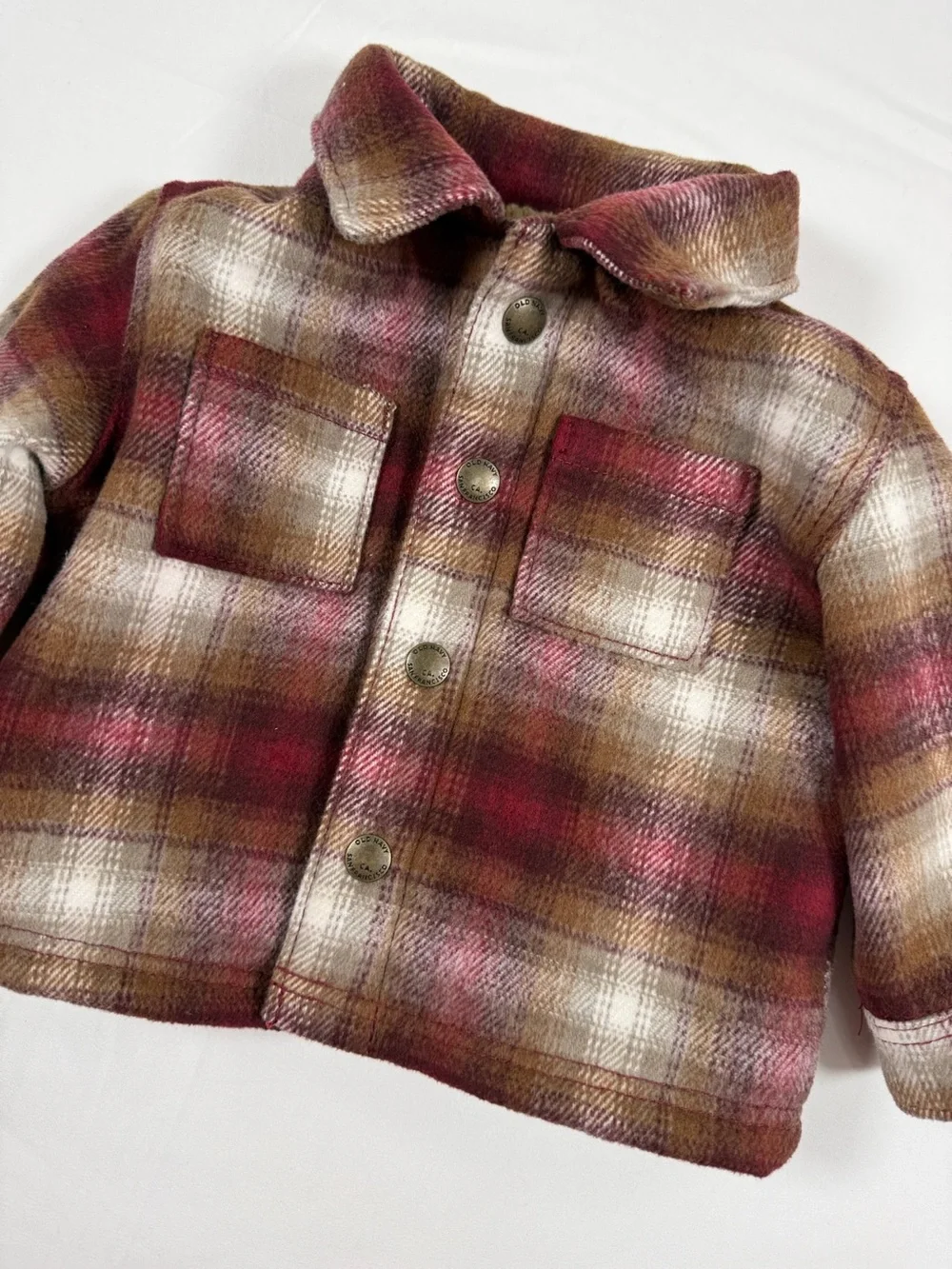 OLD NAVY Baby Sherpa Lined Plaid Shacket Burgundy Brown 3-6M Snap Front Jacket
